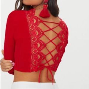 Red Lace Up Back Long Sleeve Crop Top (NEW)